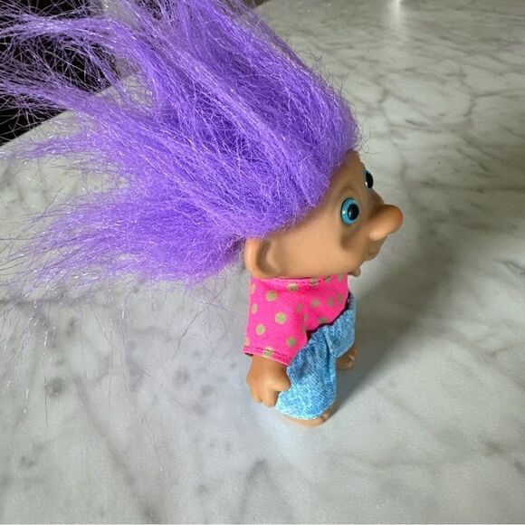 Vtg Russ Troll Doll Purple Hair, BlueEyes, acid wash shorts & neon top  3” - Picture 7 of 8